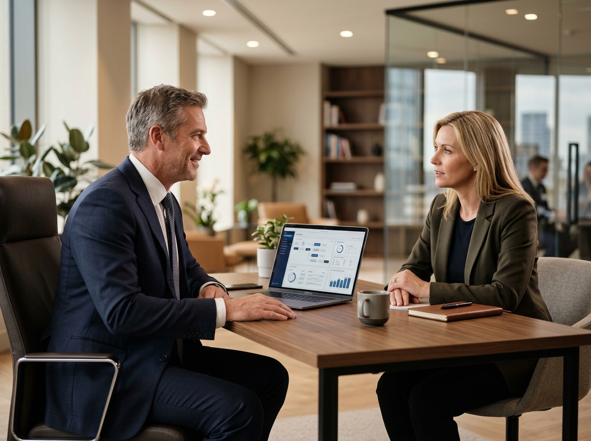 Executive 1-on-1 diagnostic consultation with managing director reviewing client workflow systems